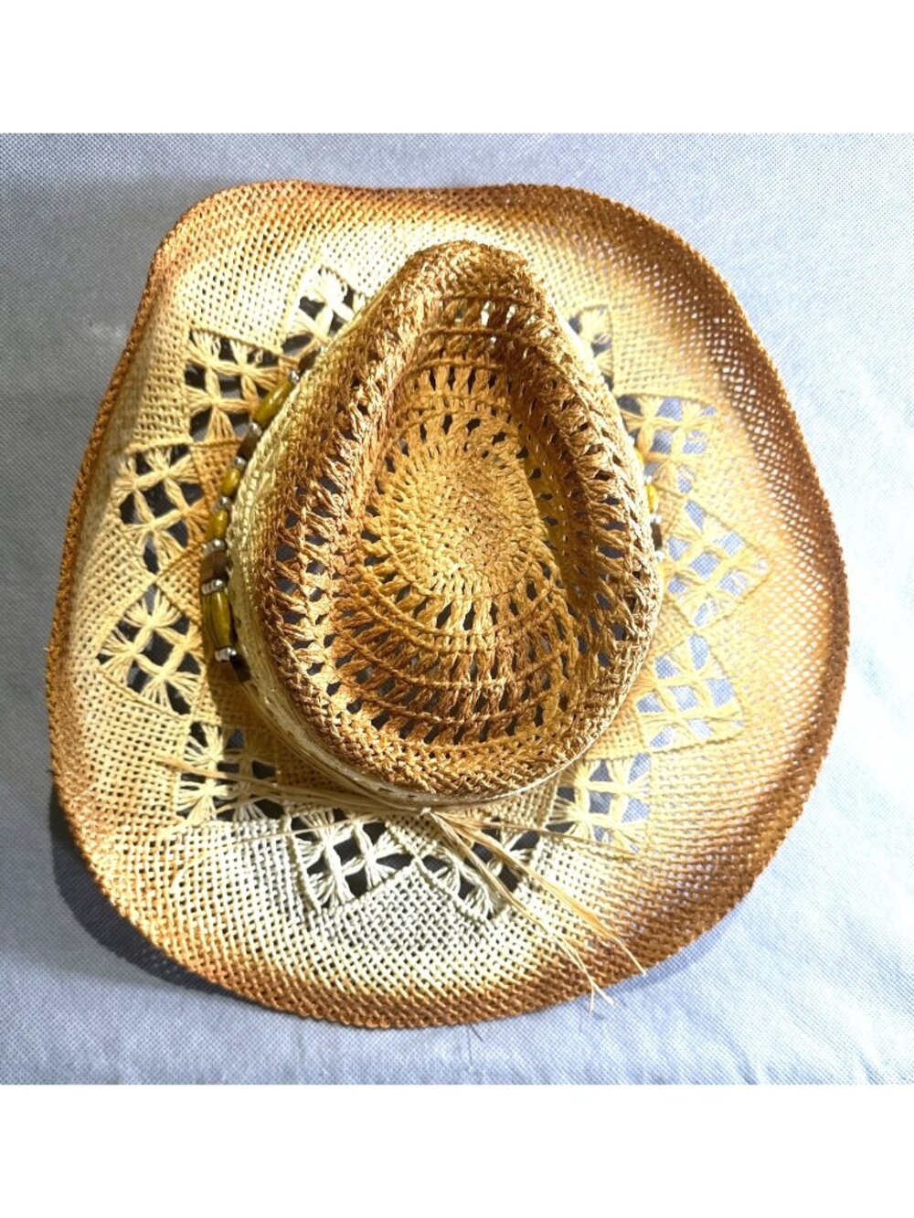 Handwoven Straw Cowboy J Hat Beaded Band Lightweight & Ventilated Design